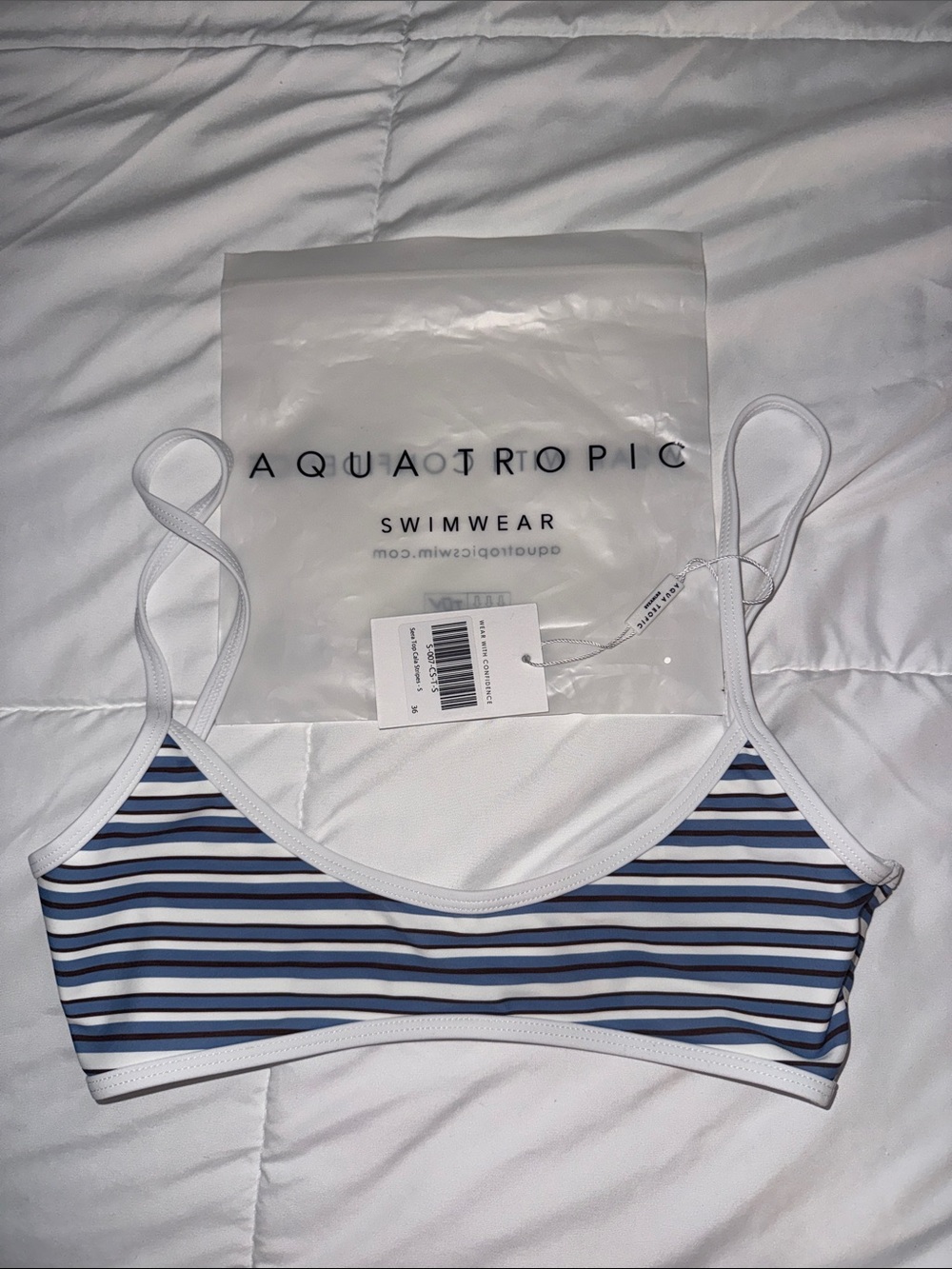 Aqua Tropic Blue Striped Bikini Top with White Trim